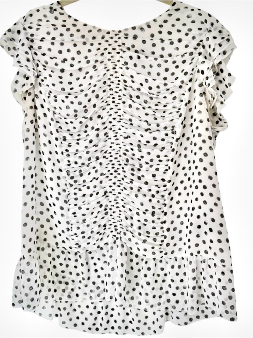 Who What Wear Ruched Polka Dot Blouse L Chiffon Flutter Sleeves Career Wardrobe